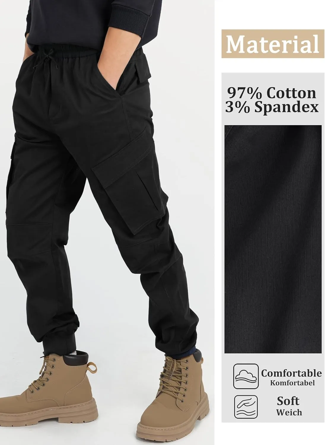 CAMLAKEE Boys Stretch Cargo Pants Kids Drawstring Elastic Waist School Youth Twill Joggers Pants