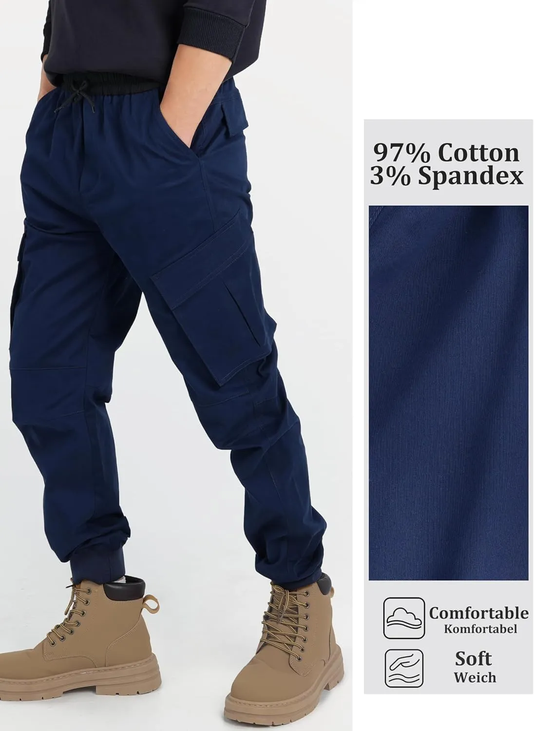 CAMLAKEE Boys Stretch Cargo Pants Kids Drawstring Elastic Waist School Youth Twill Joggers Pants