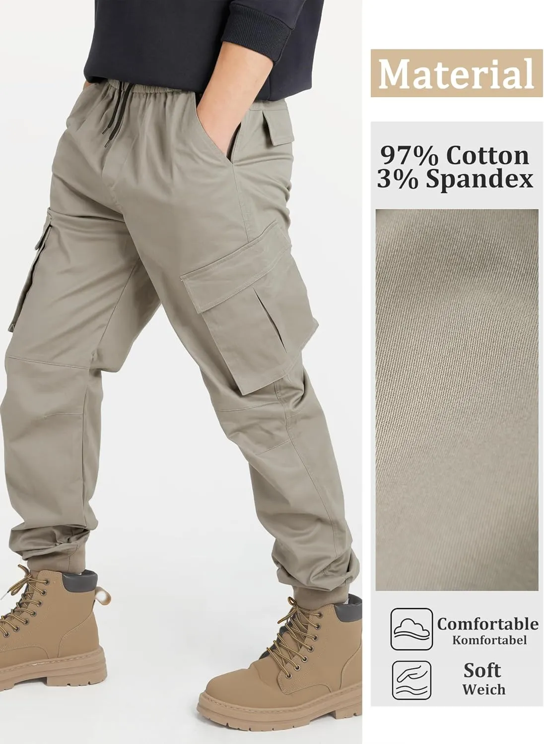 CAMLAKEE Boys Stretch Cargo Pants Kids Drawstring Elastic Waist School Youth Twill Joggers Pants