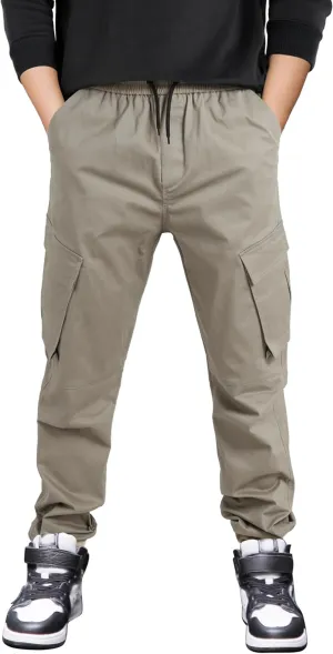 CAMLAKEE Boys Stretch Cargo Pants Kids Drawstring Elastic Waist School Youth Twill Joggers Pants