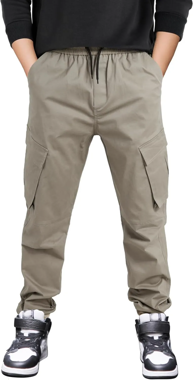 CAMLAKEE Boys Stretch Cargo Pants Kids Drawstring Elastic Waist School Youth Twill Joggers Pants