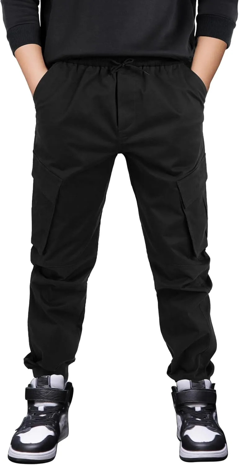 CAMLAKEE Boys Stretch Cargo Pants Kids Drawstring Elastic Waist School Youth Twill Joggers Pants