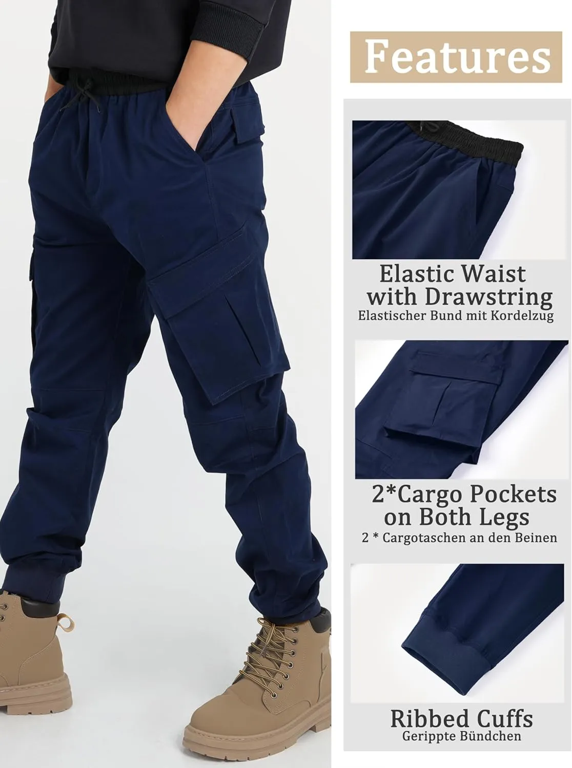 CAMLAKEE Boys Stretch Cargo Pants Kids Drawstring Elastic Waist School Youth Twill Joggers Pants