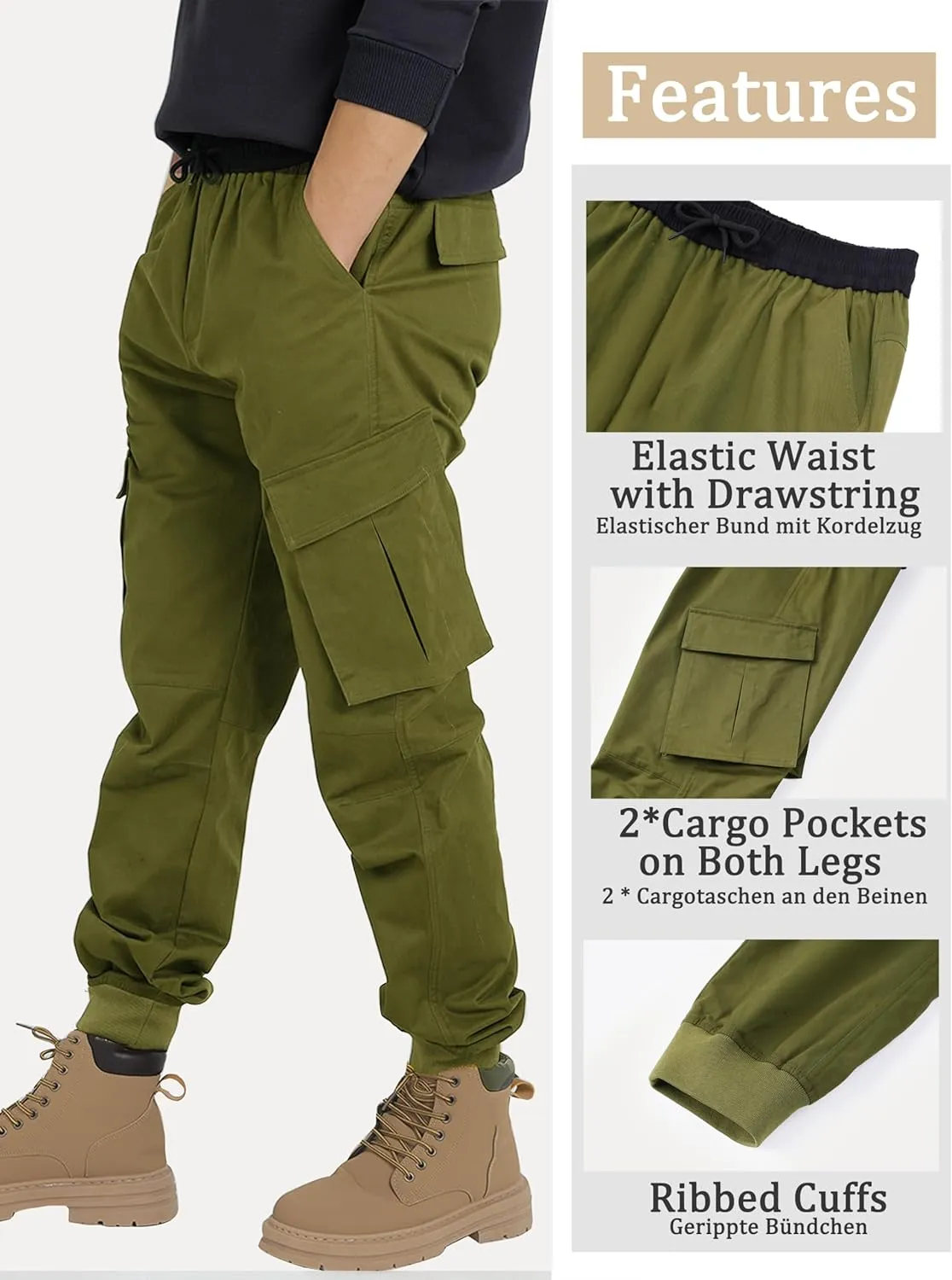 CAMLAKEE Boys Stretch Cargo Pants Kids Drawstring Elastic Waist School Youth Twill Joggers Pants
