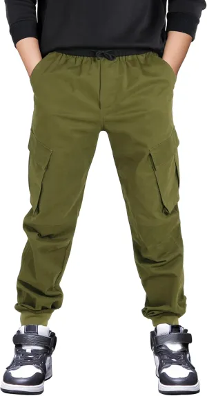 CAMLAKEE Boys Stretch Cargo Pants Kids Drawstring Elastic Waist School Youth Twill Joggers Pants