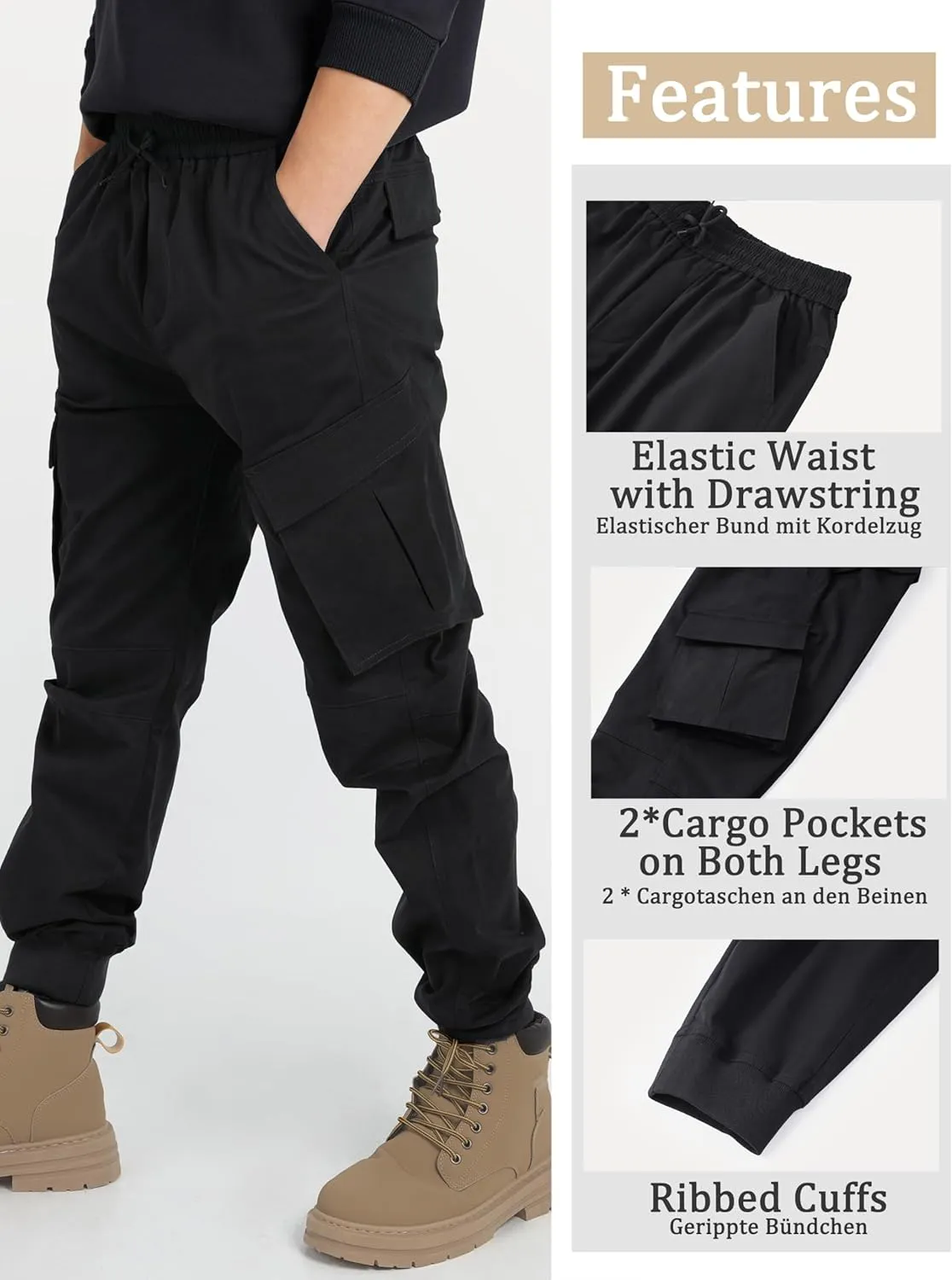 CAMLAKEE Boys Stretch Cargo Pants Kids Drawstring Elastic Waist School Youth Twill Joggers Pants