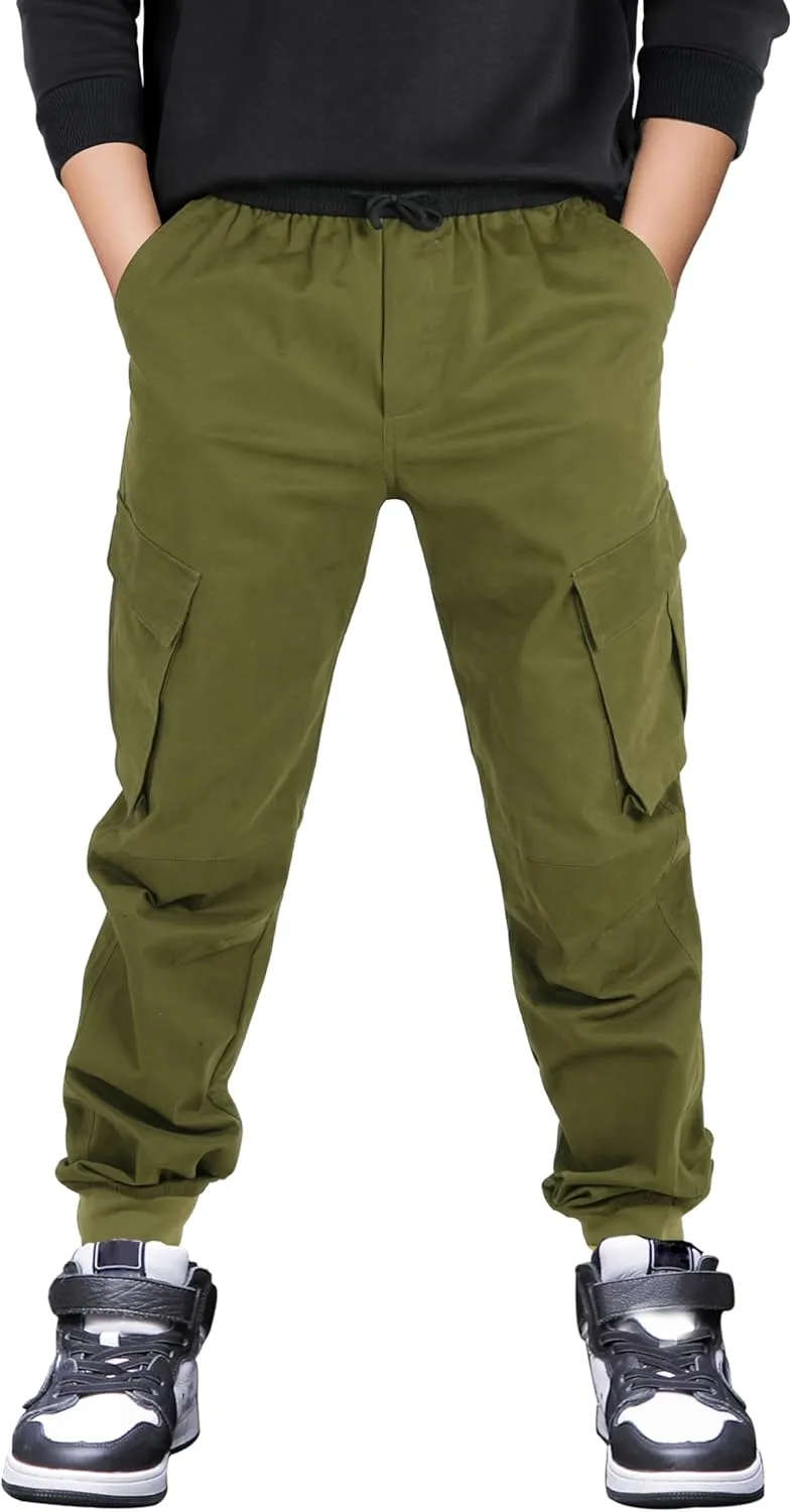 CAMLAKEE Boys Stretch Cargo Pants Kids Drawstring Elastic Waist School Youth Twill Joggers Pants
