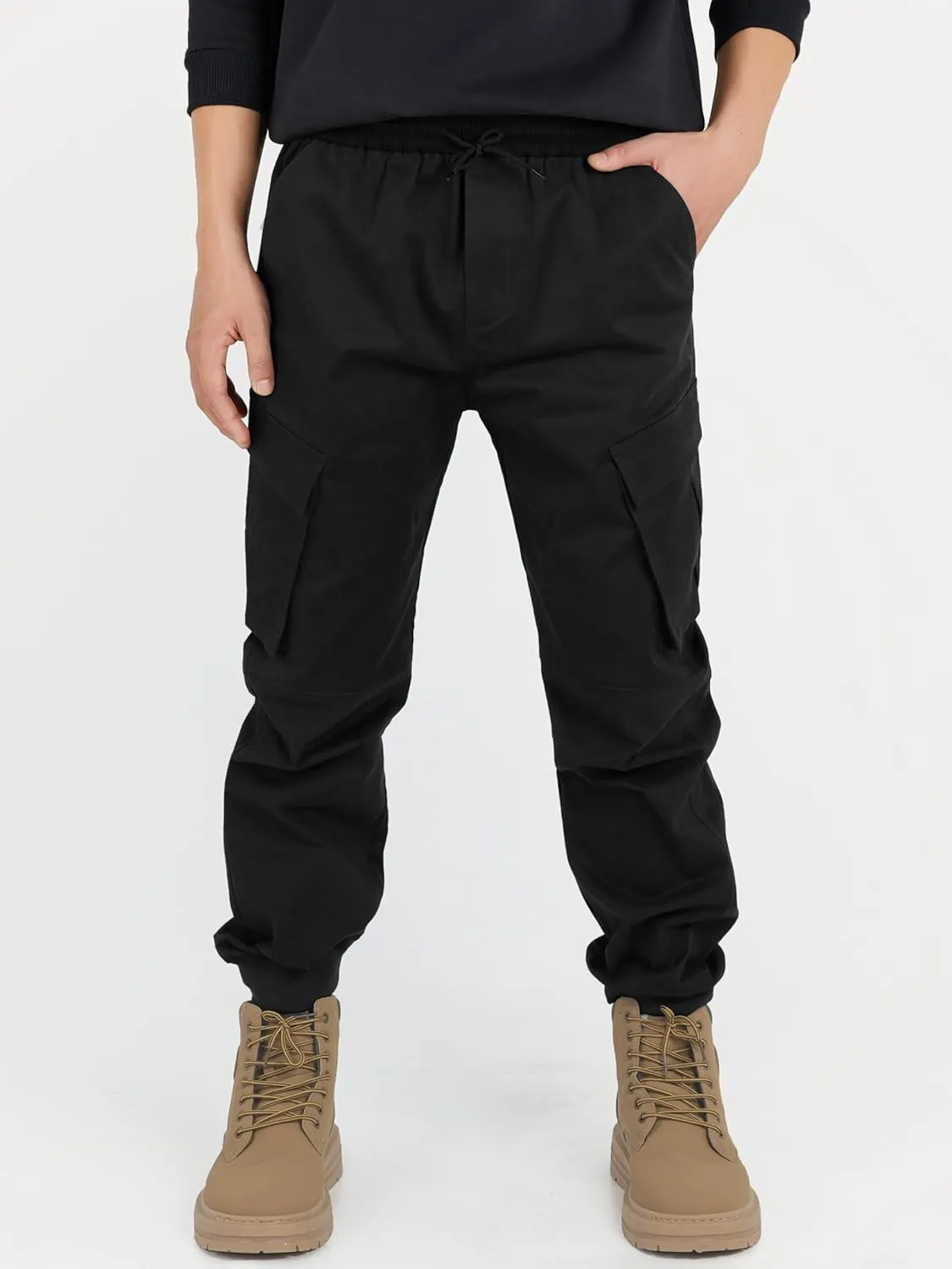 CAMLAKEE Boys Stretch Cargo Pants Kids Drawstring Elastic Waist School Youth Twill Joggers Pants