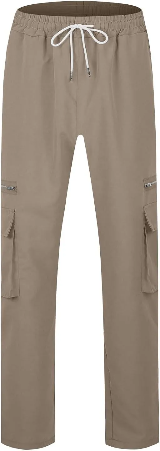 Cargo Pants for Men Casual Lightweight Elastic Waist Drawstring Trousers Work Multi Pockets Twill Joggers with Zipper