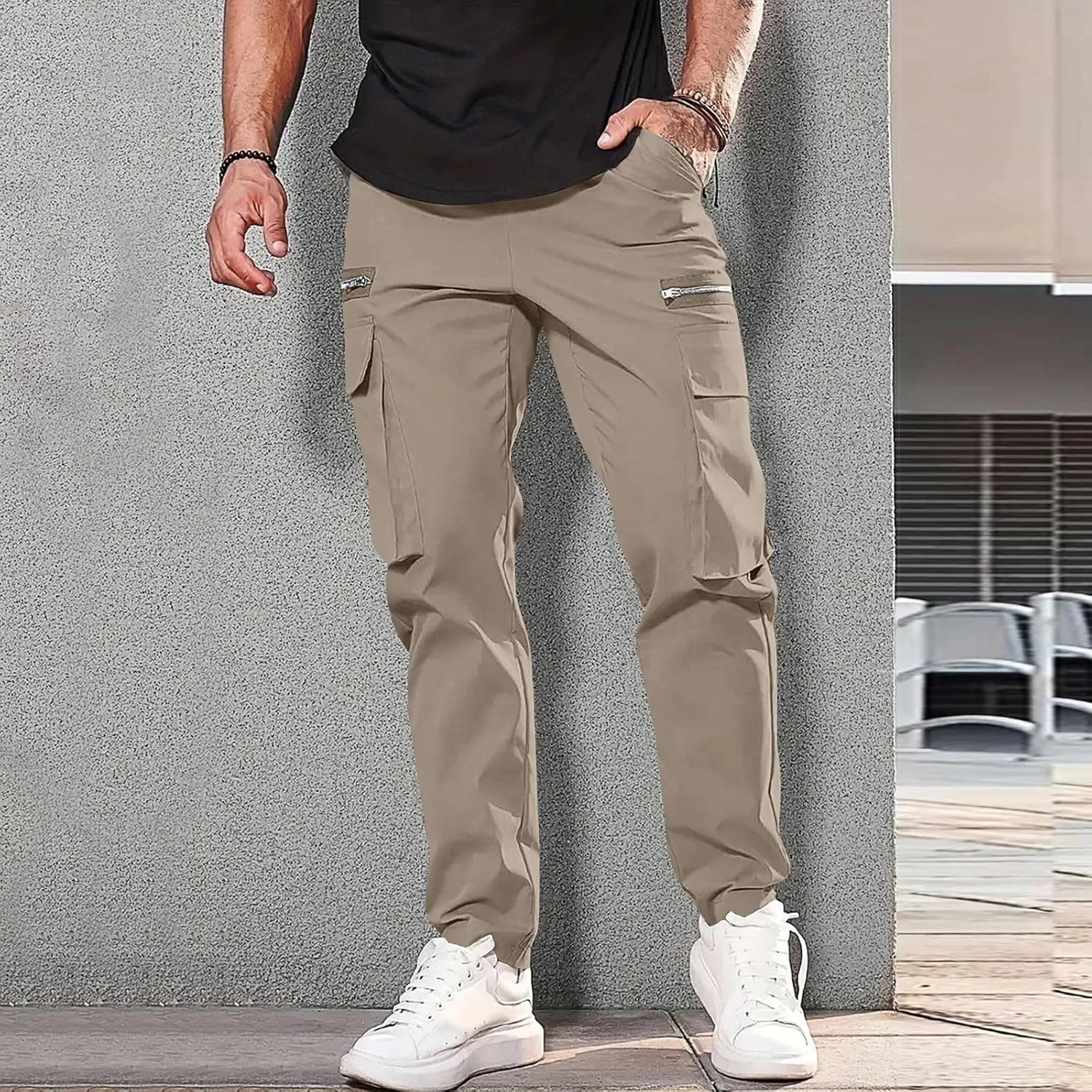 Cargo Pants for Men Casual Lightweight Elastic Waist Drawstring Trousers Work Multi Pockets Twill Joggers with Zipper