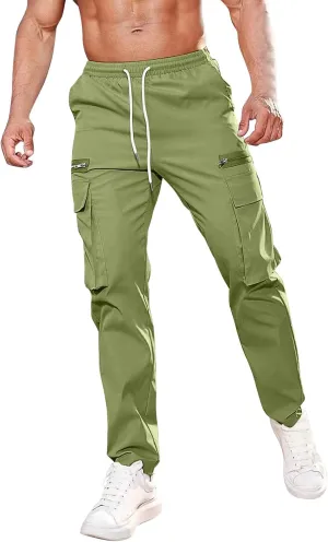 Cargo Pants for Men Casual Lightweight Elastic Waist Drawstring Trousers Work Multi Pockets Twill Joggers with Zipper