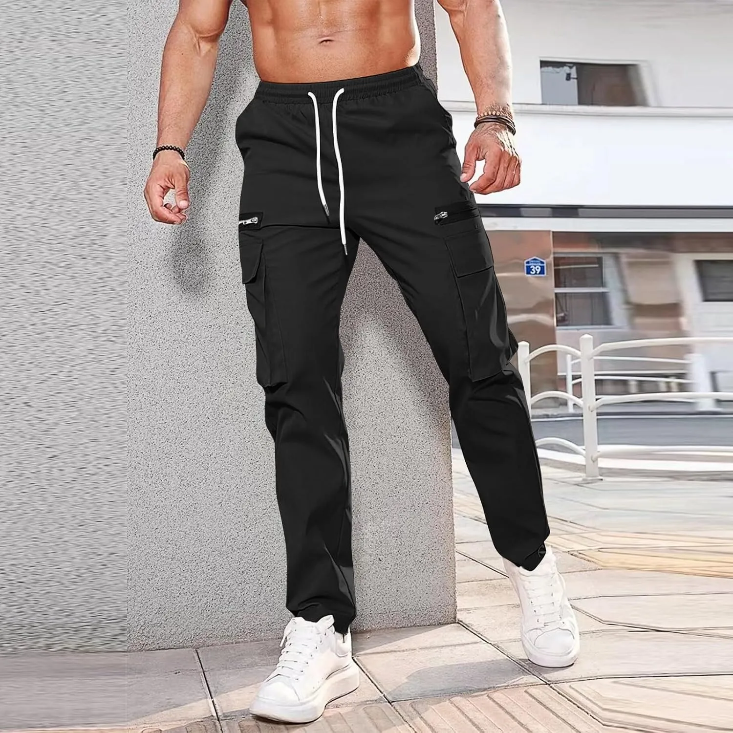Cargo Pants for Men Casual Lightweight Elastic Waist Drawstring Trousers Work Multi Pockets Twill Joggers with Zipper