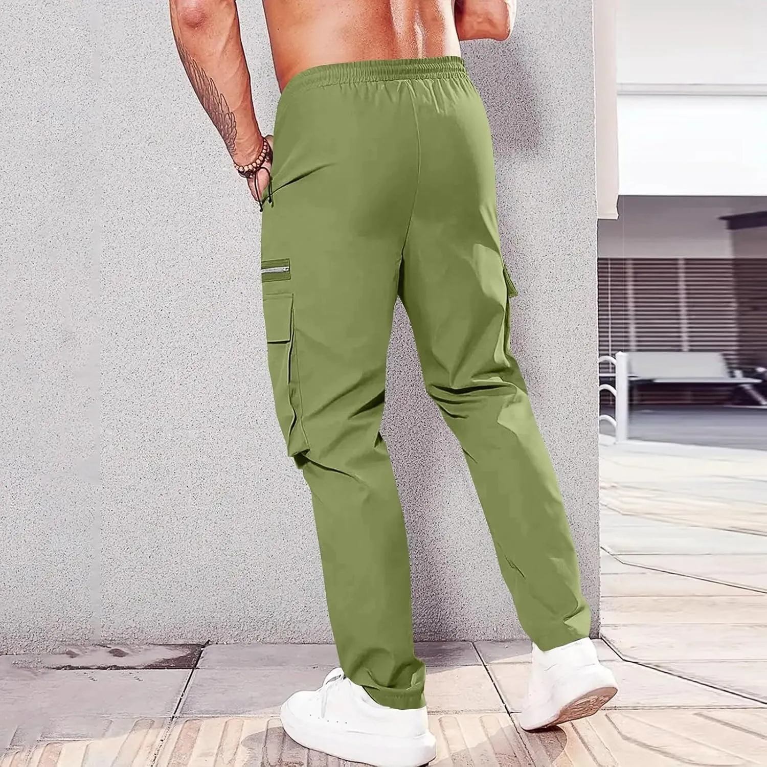 Cargo Pants for Men Casual Lightweight Elastic Waist Drawstring Trousers Work Multi Pockets Twill Joggers with Zipper