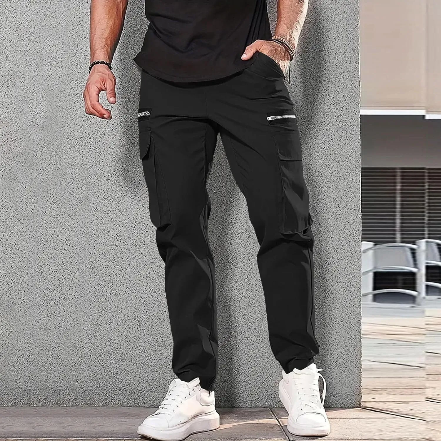 Cargo Pants for Men Casual Lightweight Elastic Waist Drawstring Trousers Work Multi Pockets Twill Joggers with Zipper