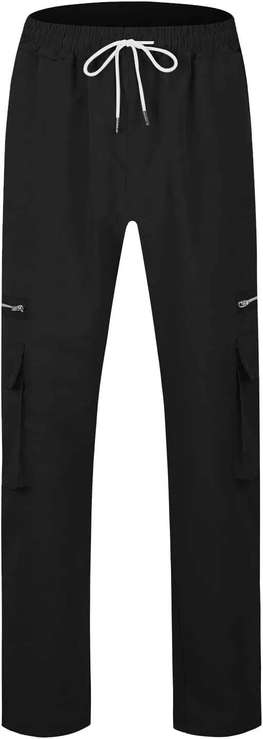 Cargo Pants for Men Casual Lightweight Elastic Waist Drawstring Trousers Work Multi Pockets Twill Joggers with Zipper