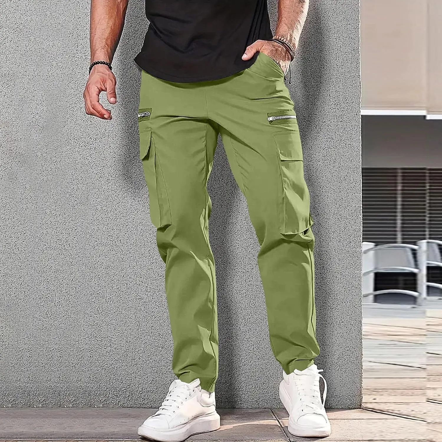 Cargo Pants for Men Casual Lightweight Elastic Waist Drawstring Trousers Work Multi Pockets Twill Joggers with Zipper