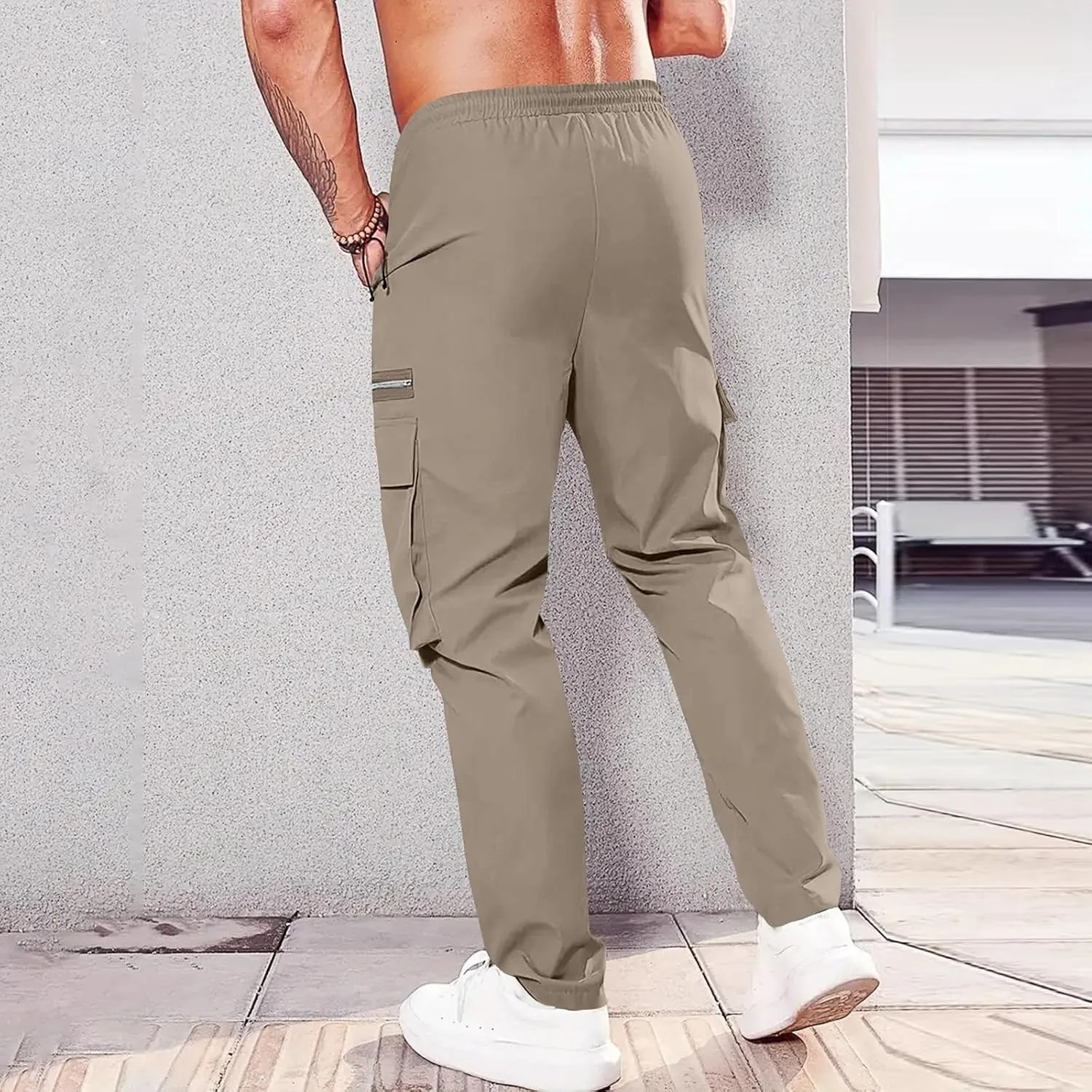 Cargo Pants for Men Casual Lightweight Elastic Waist Drawstring Trousers Work Multi Pockets Twill Joggers with Zipper