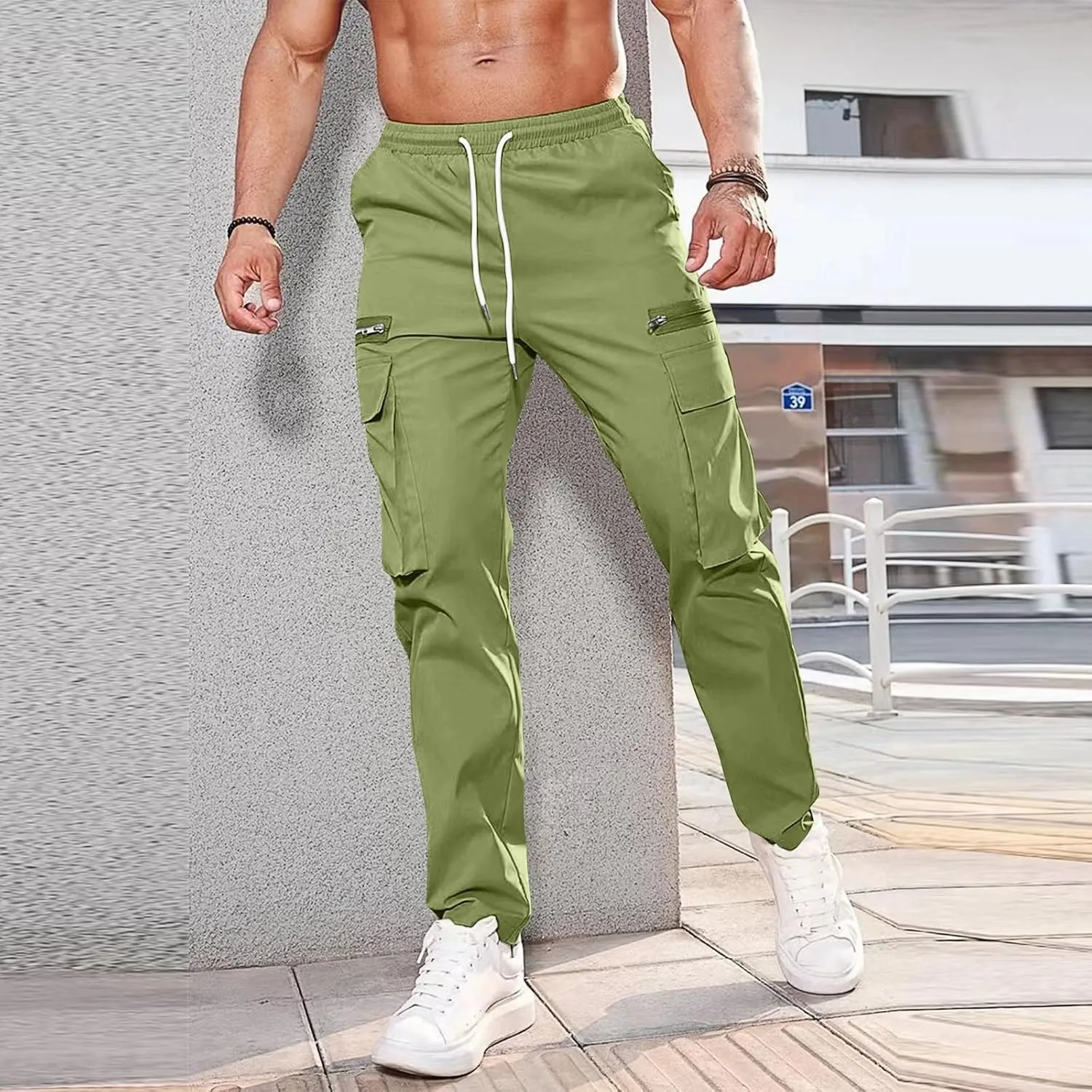 Cargo Pants for Men Casual Lightweight Elastic Waist Drawstring Trousers Work Multi Pockets Twill Joggers with Zipper