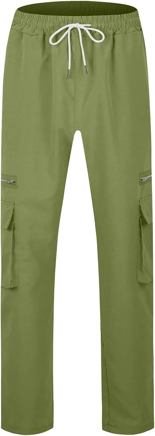 Cargo Pants for Men Casual Lightweight Elastic Waist Drawstring Trousers Work Multi Pockets Twill Joggers with Zipper