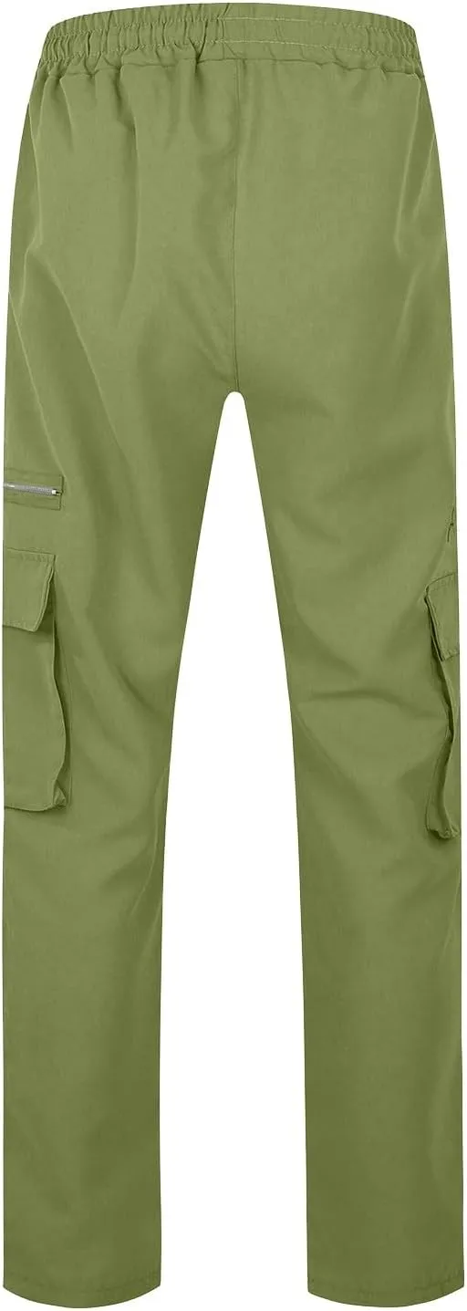 Cargo Pants for Men Casual Lightweight Elastic Waist Drawstring Trousers Work Multi Pockets Twill Joggers with Zipper