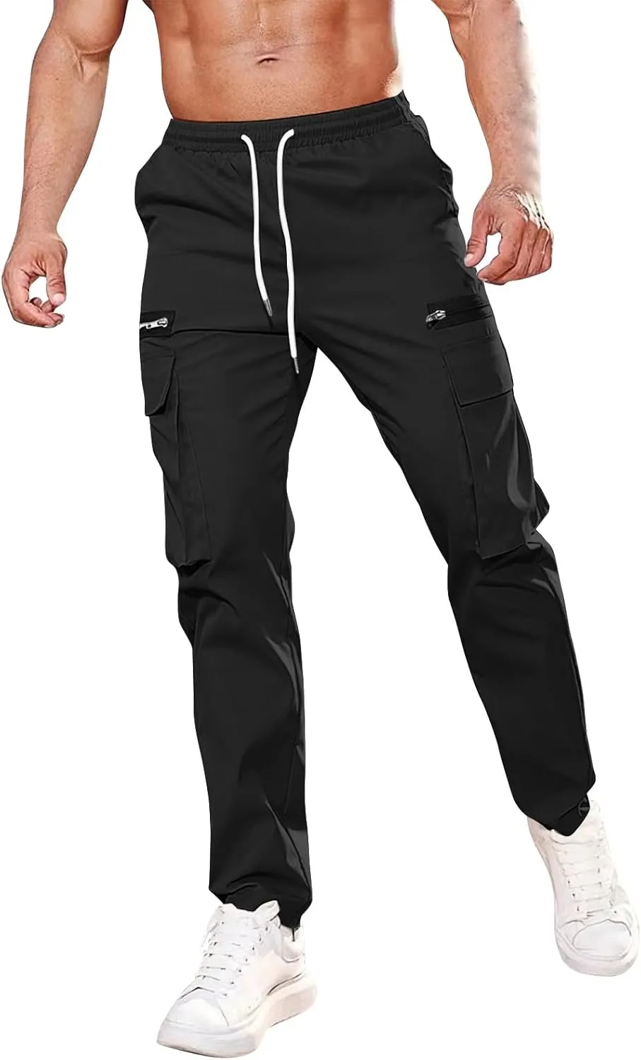 Cargo Pants for Men Casual Lightweight Elastic Waist Drawstring Trousers Work Multi Pockets Twill Joggers with Zipper