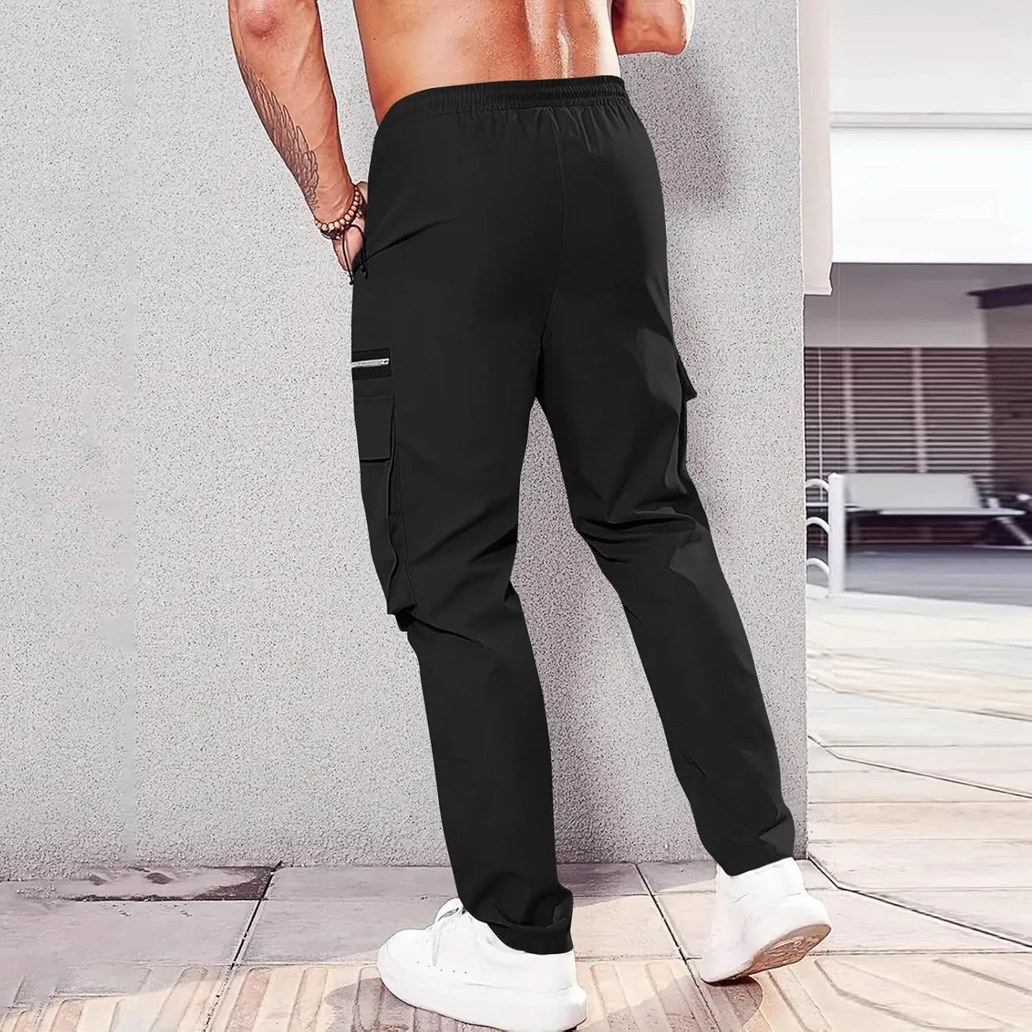 Cargo Pants for Men Casual Lightweight Elastic Waist Drawstring Trousers Work Multi Pockets Twill Joggers with Zipper