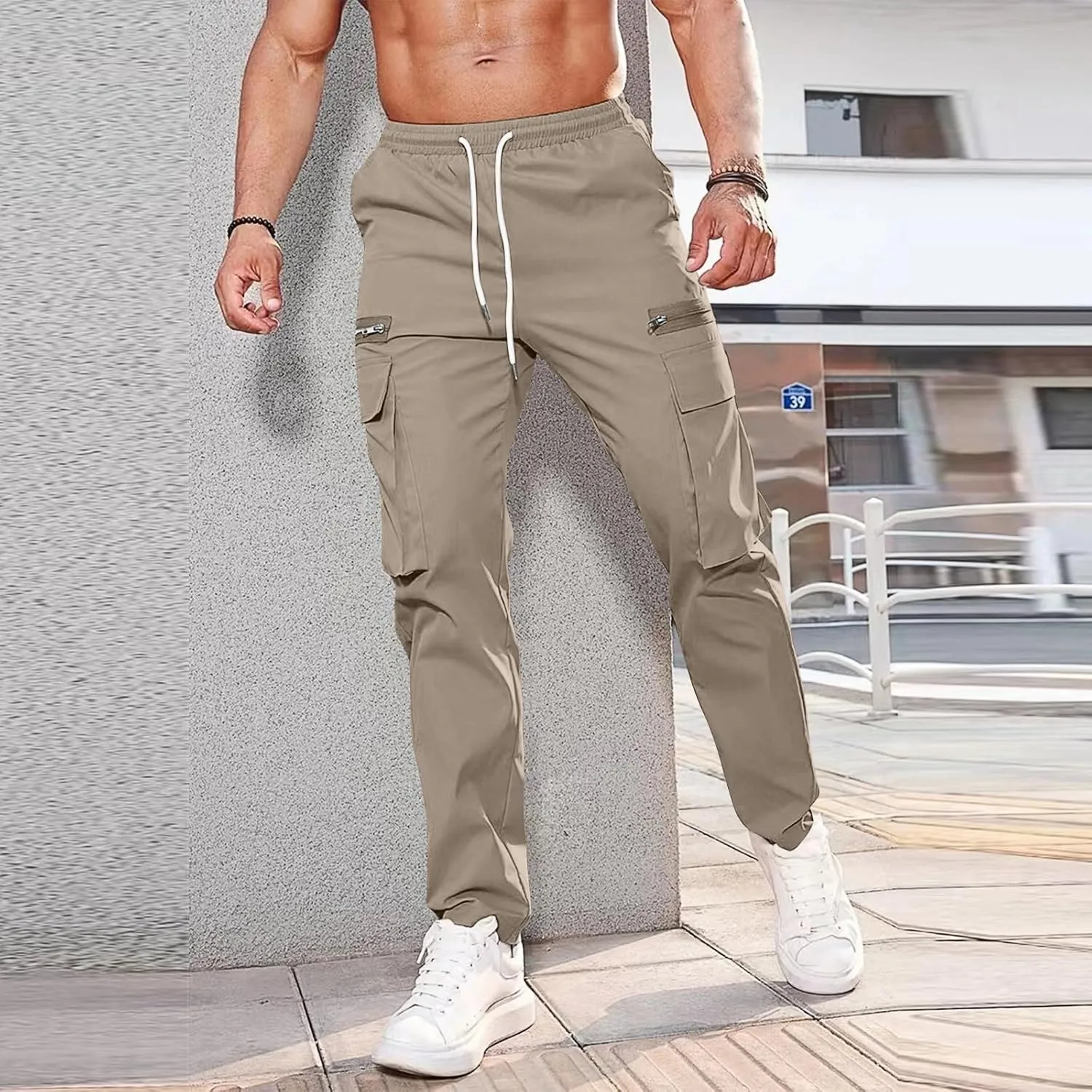 Cargo Pants for Men Casual Lightweight Elastic Waist Drawstring Trousers Work Multi Pockets Twill Joggers with Zipper