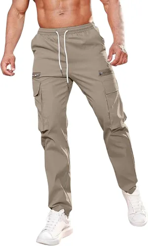 Cargo Pants for Men Casual Lightweight Elastic Waist Drawstring Trousers Work Multi Pockets Twill Joggers with Zipper