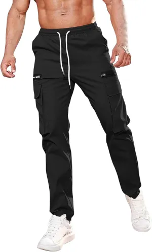 Cargo Pants for Men Casual Lightweight Elastic Waist Drawstring Trousers Work Multi Pockets Twill Joggers with Zipper