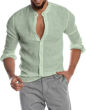 Casual Button Down Shirt for Men Lightweight Long Sleeve Band Collar T Shirt Beach Hippie Party Blouse Work Tees