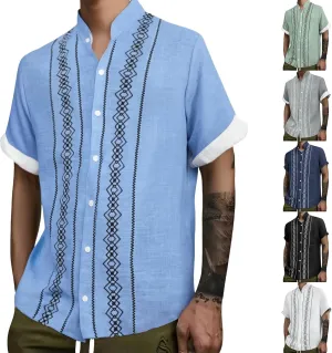 Casual Cotton Linen Guayabera Tropical Shirts for Men Short Sleeve Button Down Vintage Hippie Beach Pocket Shirt