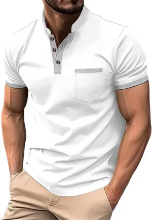 Casual Polo Shirts for Men Short Sleeve Golf Shirt Fashion Button Cotton Top Solid Color Block Pullover with Pocket