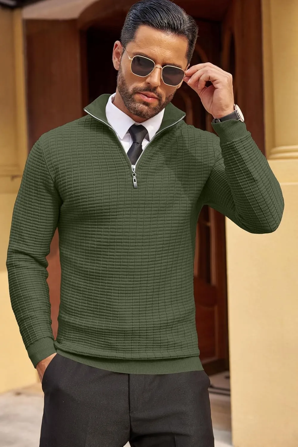 COOFANDY Men's Quarter Zip Sweaters Slim Fit Lightweight Cotton Knitted Casual Mock Neck Pullover Sweaters