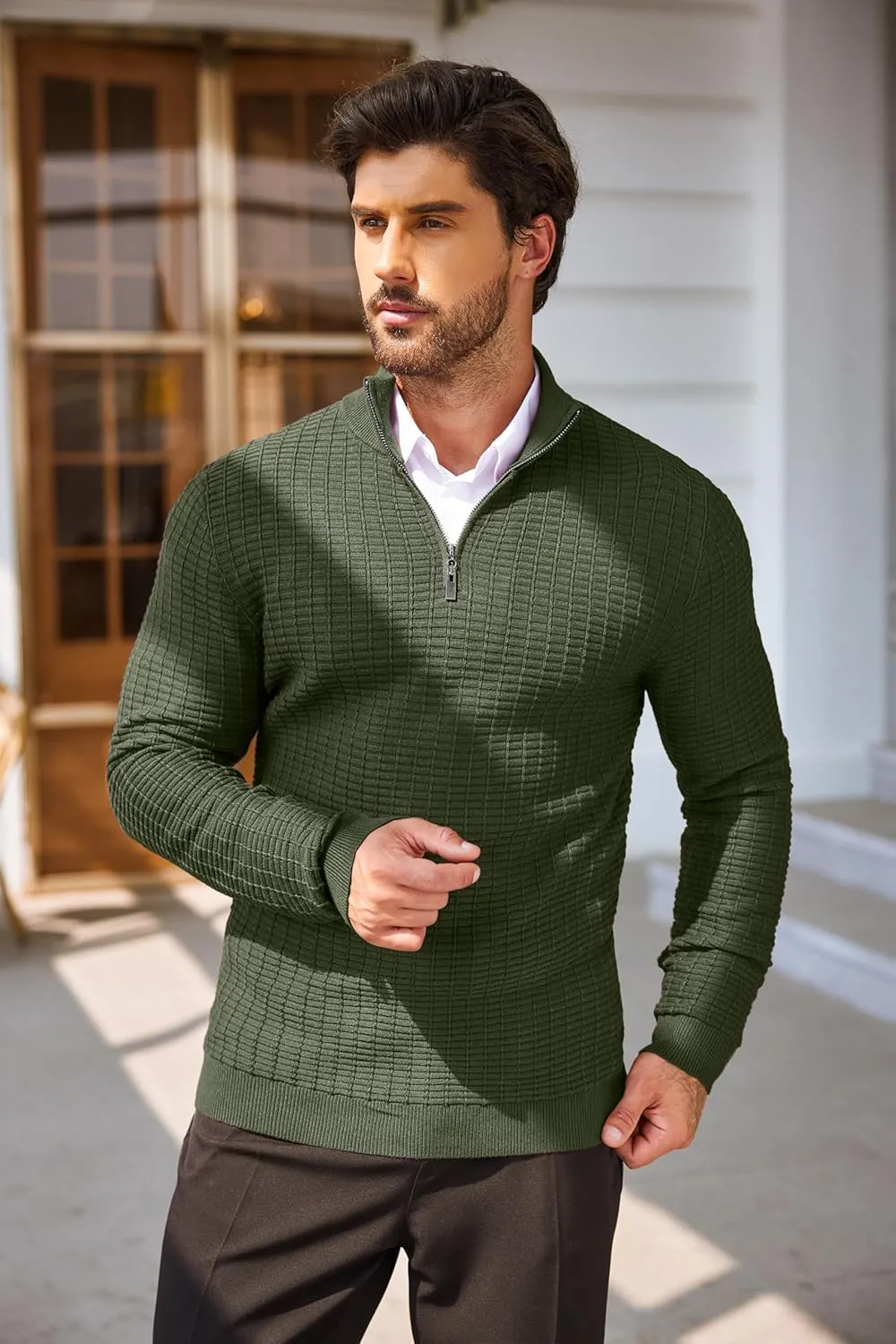 COOFANDY Men's Quarter Zip Sweaters Slim Fit Lightweight Cotton Knitted Casual Mock Neck Pullover Sweaters