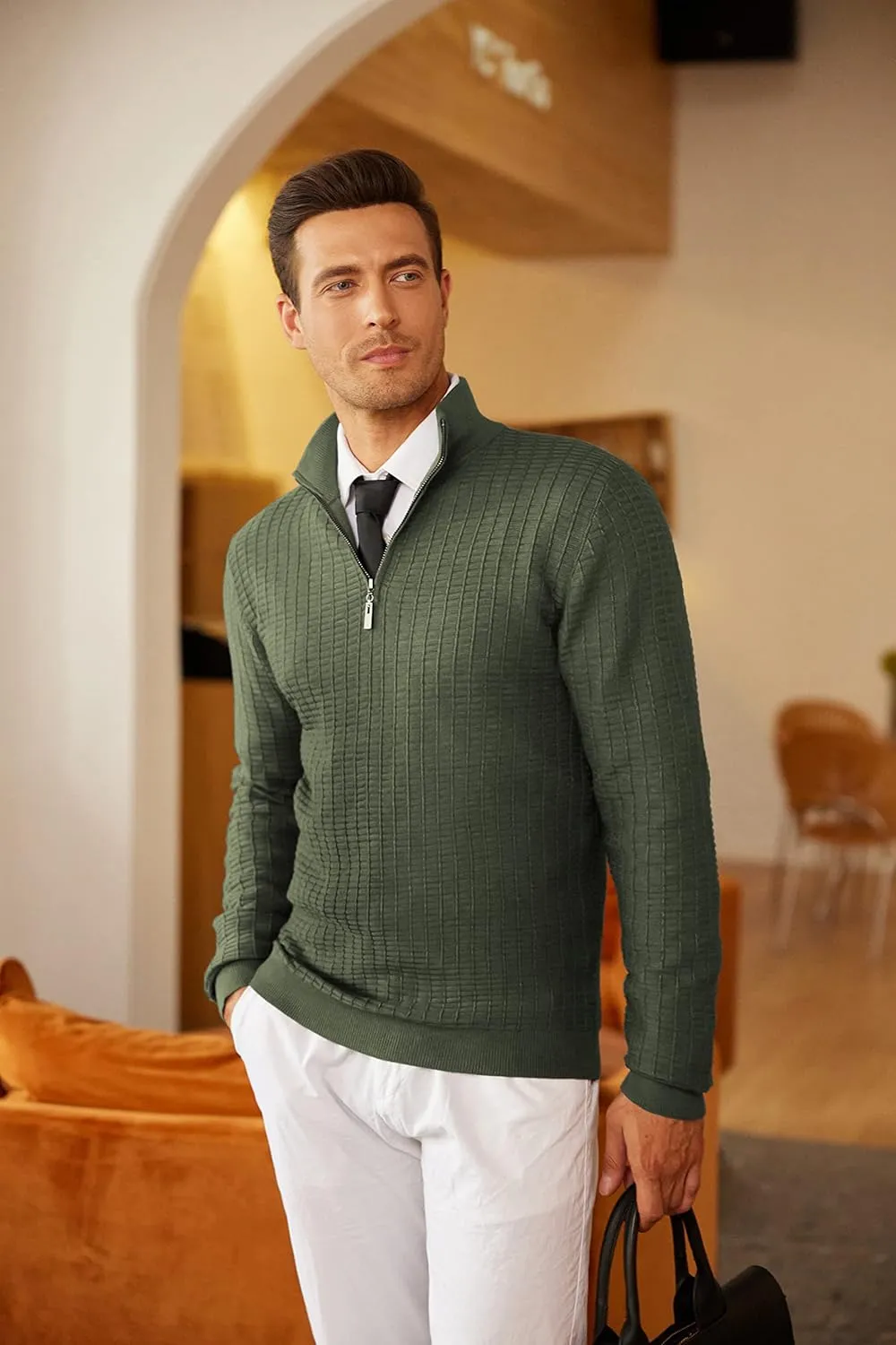 COOFANDY Men's Quarter Zip Sweaters Slim Fit Lightweight Cotton Knitted Casual Mock Neck Pullover Sweaters
