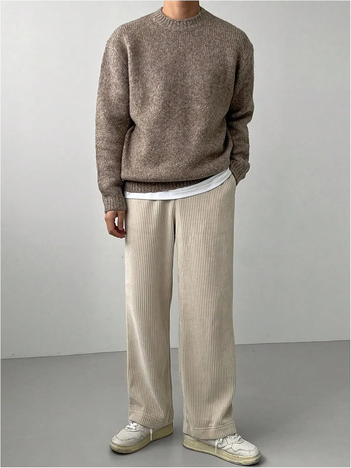 COZYEASE Men's Crewneck Long Sleeve Sweaters Drop Shoulder Knit Pullover Tops Basic Knitwear
