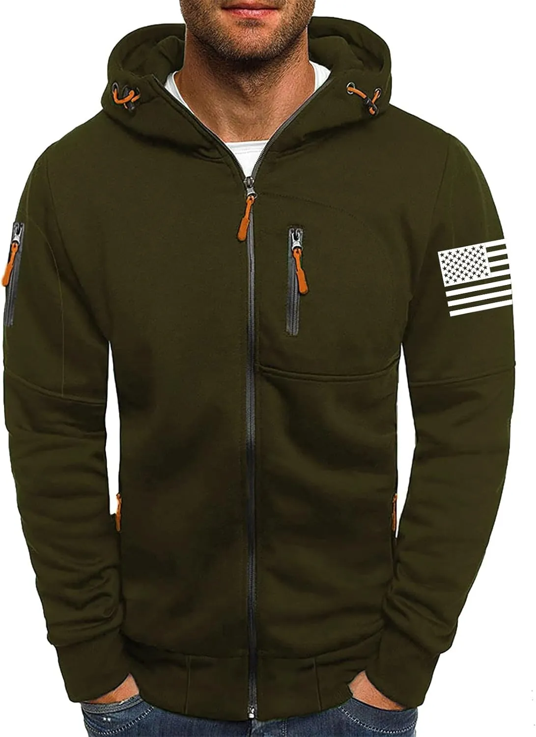 CRNTCEM Mens American Flag Printed Zip Up Hoodie Lightweight Military Tactical Sweatshirt Long Sleeve Casual Fashion Jackets