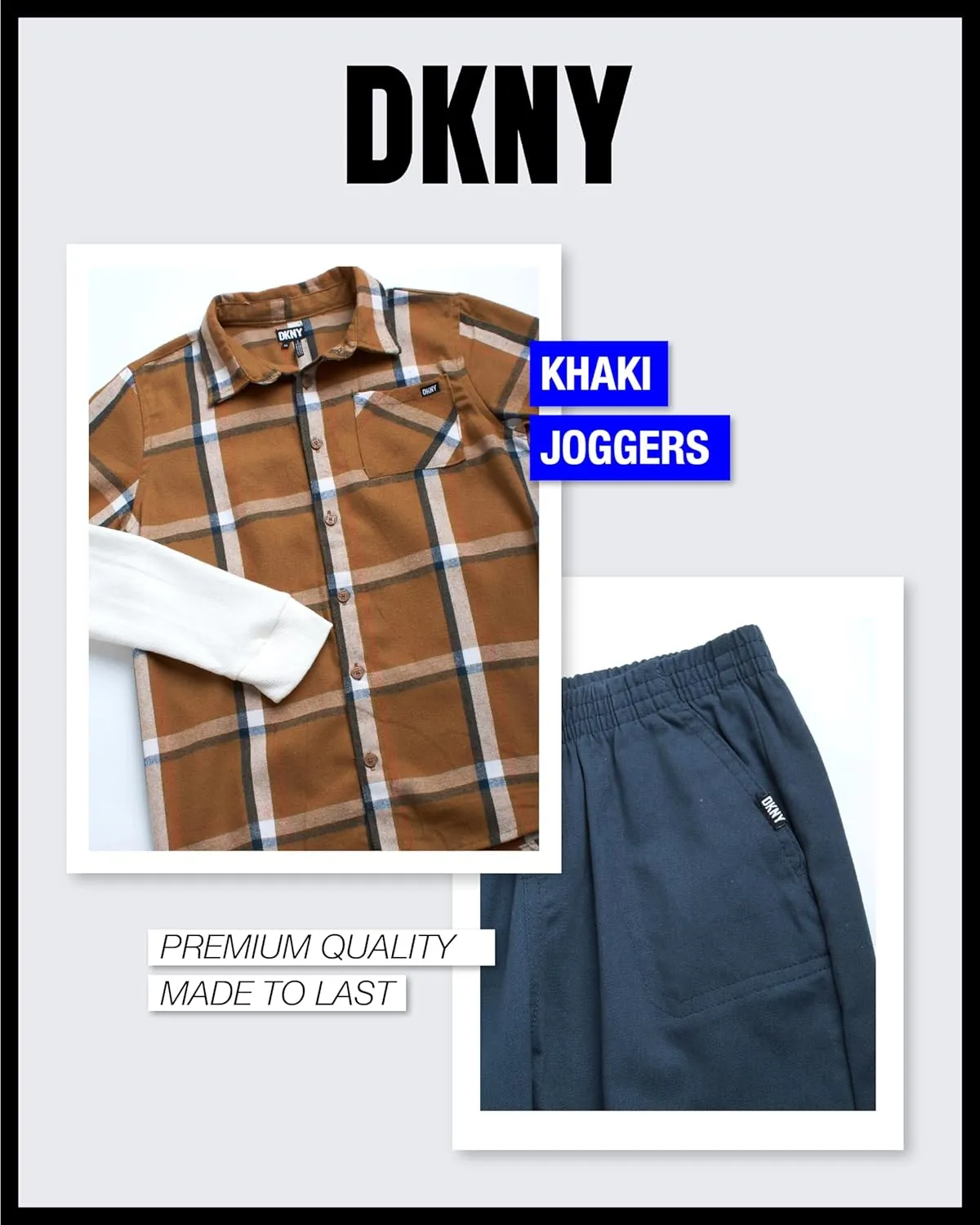 DKNY Boys’ Jogger Pants Set - 2 Piece Layered 2Fer Plaid Flannel Button-Down Shirt and Casual Jogger Pants (Sizes: 4-12)