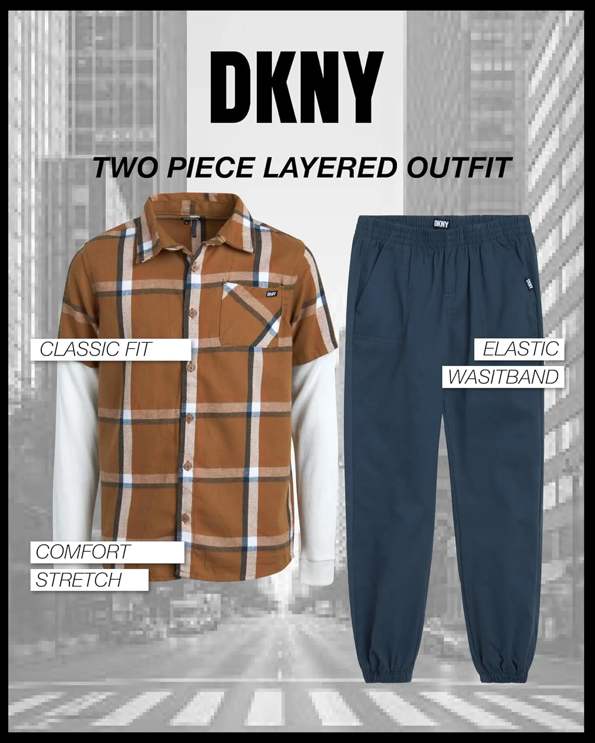 DKNY Boys’ Jogger Pants Set - 2 Piece Layered 2Fer Plaid Flannel Button-Down Shirt and Casual Jogger Pants (Sizes: 4-12)