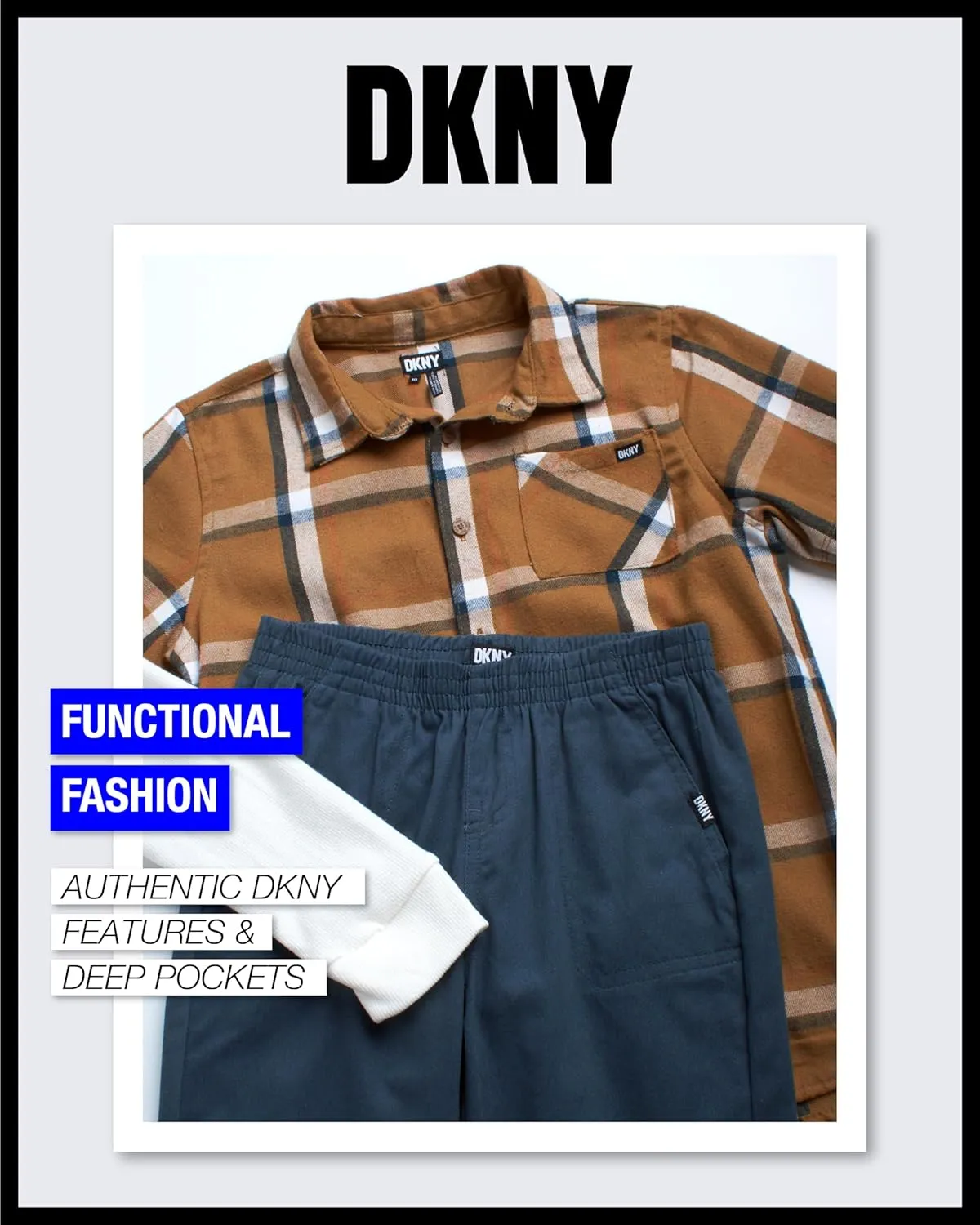 DKNY Boys’ Jogger Pants Set - 2 Piece Layered 2Fer Plaid Flannel Button-Down Shirt and Casual Jogger Pants (Sizes: 4-12)