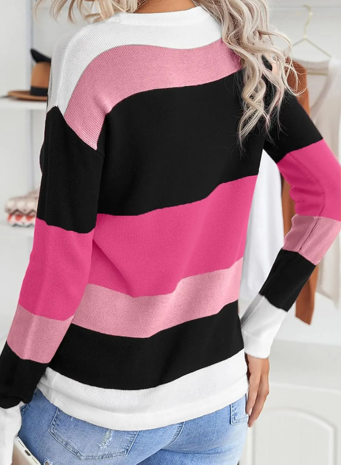 Dokotoo Fall Sweaters Round Neck Striped Cute Winter Pullover Sweaters for Women Trendy 2024 Drawstring