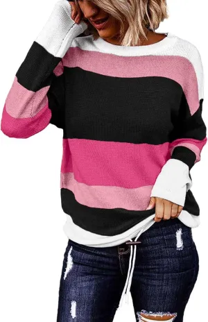 Dokotoo Fall Sweaters Round Neck Striped Cute Winter Pullover Sweaters for Women Trendy 2024 Drawstring