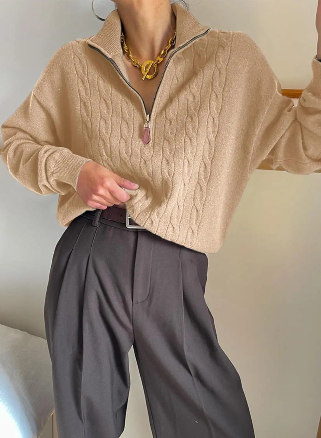 Dokotoo Women's Sweaters 2025 Fall Winter Quarter Zip Casual Ribbed Knitwear Pullover