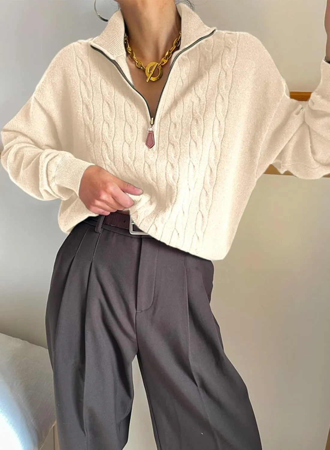 Dokotoo Women's Sweaters 2025 Fall Winter Quarter Zip Casual Ribbed Knitwear Pullover