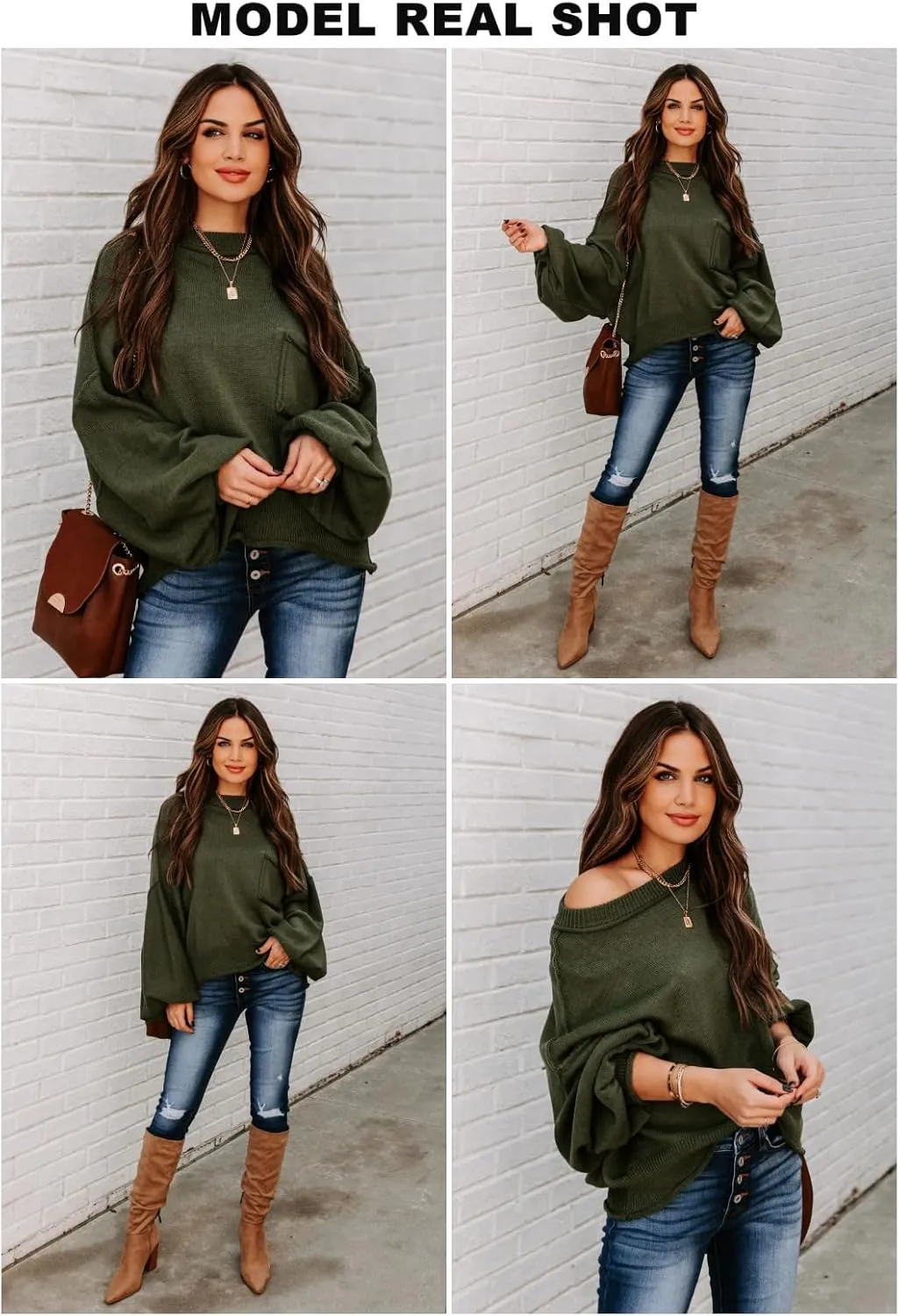 EVALESS Women's 2024 Lantern Long Sleeve Crewneck Sweater Casual Solid Color Ribbed Hem Knitwear Pullover Cropped Tops