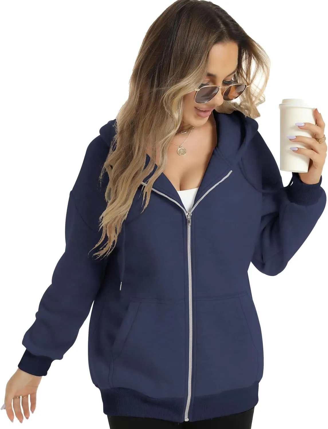 FANCYINN Womens Zip Up Hoodies Long Sleeve Oversized Sweatshirts Casual Drawstring Fall Fleece Jacket with Pockets