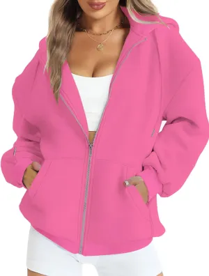 FANCYINN Womens Zip Up Hoodies Long Sleeve Oversized Sweatshirts Casual Drawstring Fall Fleece Jacket with Pockets