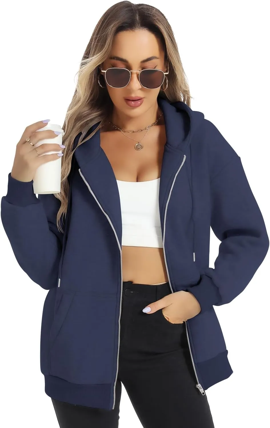 FANCYINN Womens Zip Up Hoodies Long Sleeve Oversized Sweatshirts Casual Drawstring Fall Fleece Jacket with Pockets