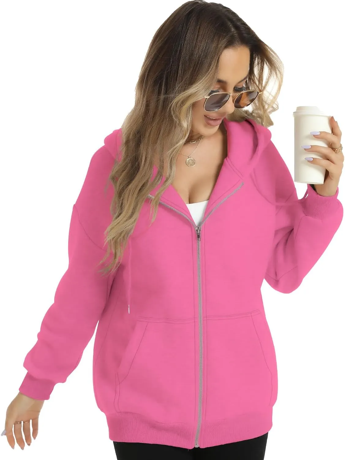 FANCYINN Womens Zip Up Hoodies Long Sleeve Oversized Sweatshirts Casual Drawstring Fall Fleece Jacket with Pockets