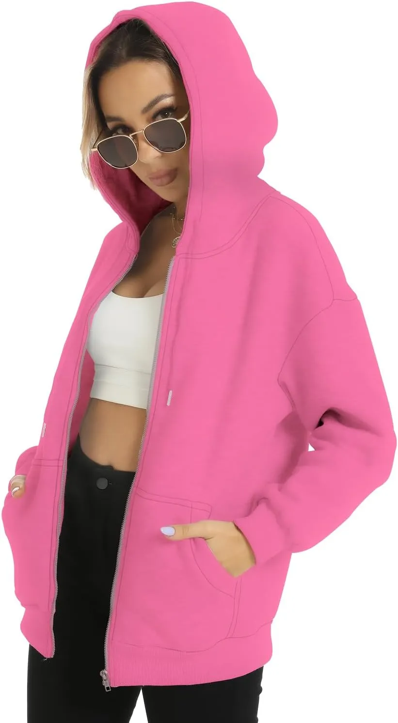 FANCYINN Womens Zip Up Hoodies Long Sleeve Oversized Sweatshirts Casual Drawstring Fall Fleece Jacket with Pockets